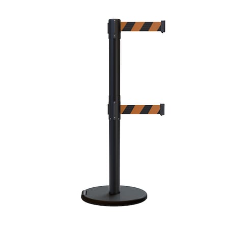 Montour Line Retractable Double Belt Rolling Stanchion, Black/Orange, 9 ft Length, 2.5 ft Post Height P400DRL-BK-BOD-90
